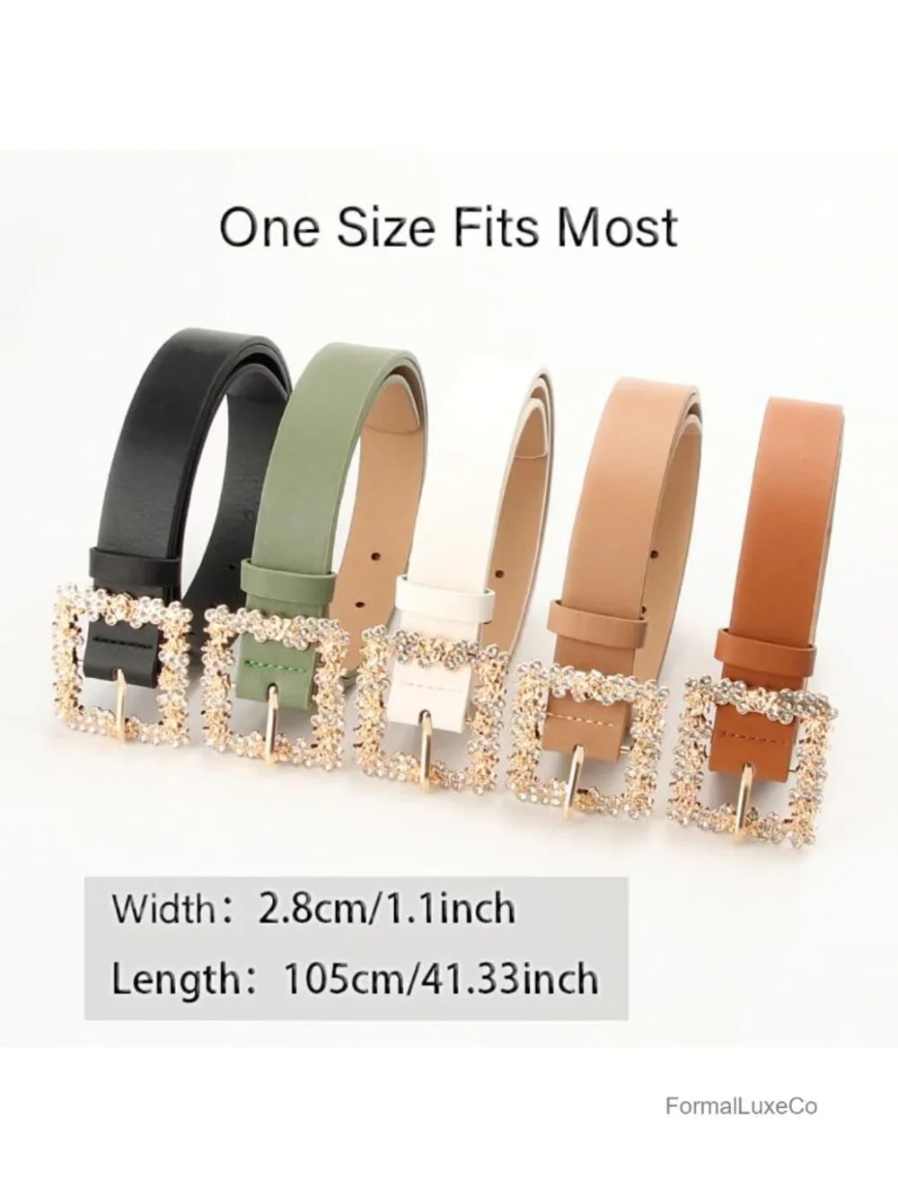 Faux Leather Rhinestone Belt Gold Square Buckle Adjustable Women Accessory